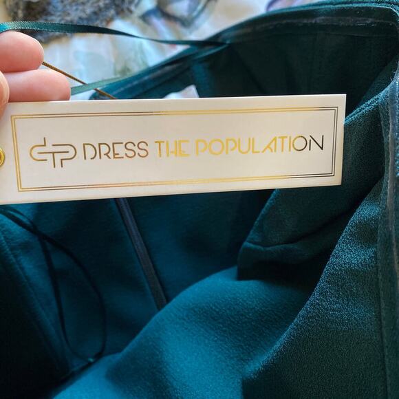 DRESS THE POPULATION Madison Strapless Fluted Midi Dress Slit Pine Size Small - Picture 7 of 11